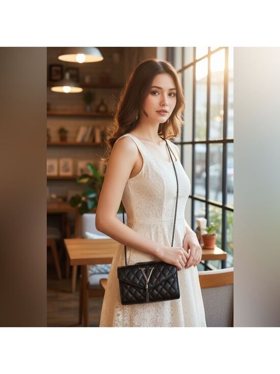 The Unbranded Brand Handbags - Black Quilted Crossbody Bag V Initial Chain Gunmetal High Fashion